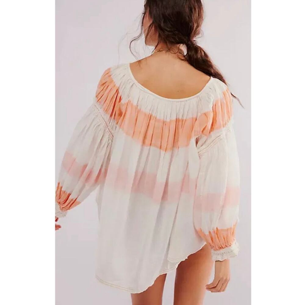 We The Free Sweet Stripe Orange and White Balloon Sleeve Boho Oversized Blouse - Picture 2 of 13